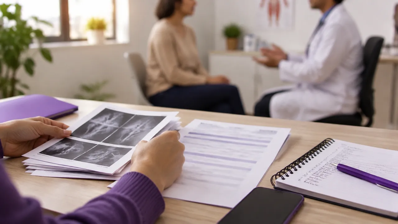 Exames e registros de trabalho organizados para avaliação médica de possível doença ocupacional