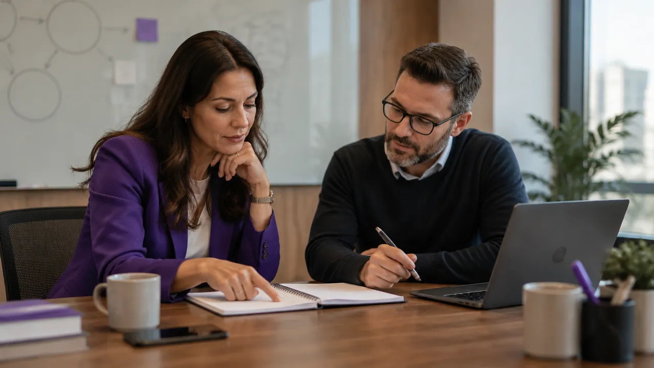 Executiva e coach revisam objetivos e ações de desenvolvimento numa sessão de acompanhamento