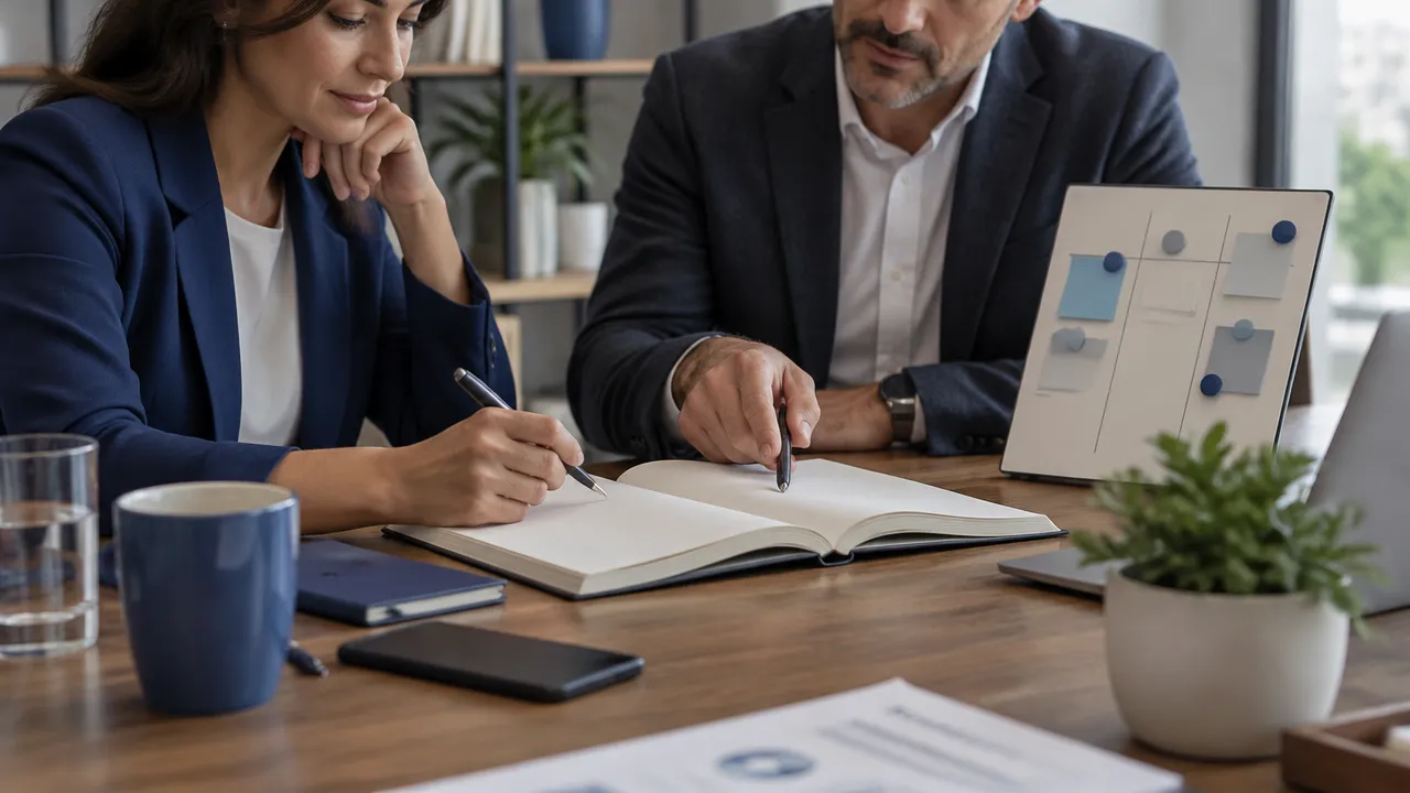 Executiva e facilitador organizam prioridades e próximos passos durante uma sessão de coaching