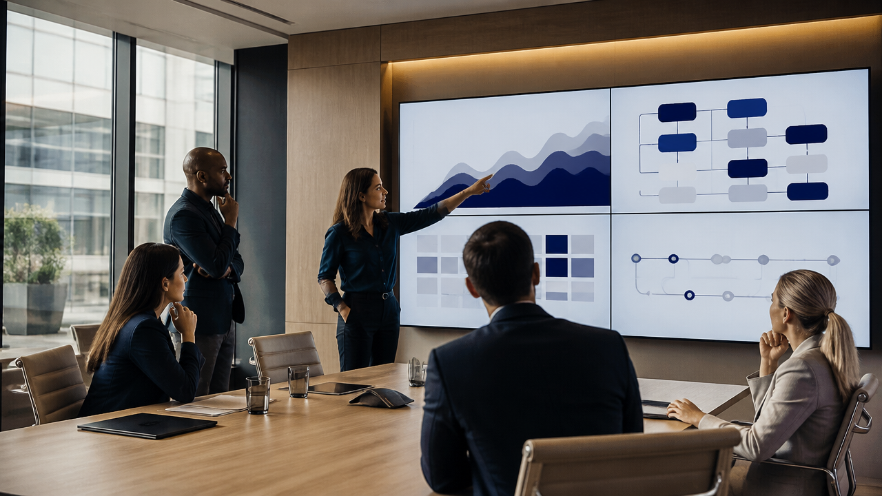 Executivos analisando cenários simulados por inteligência artificial em uma sala de decisão corporativa.