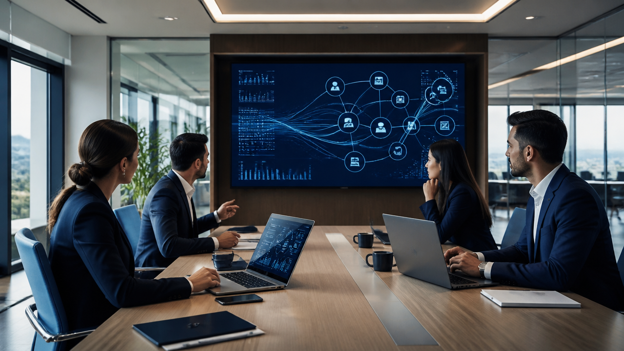 Executivos analisando dados integrados e iniciativas de inteligência artificial em uma reunião corporativa