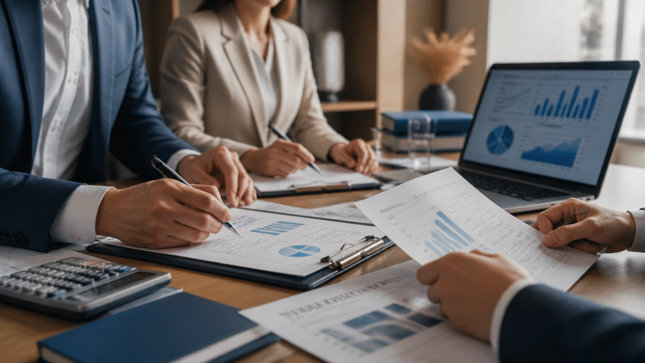 Executivos analisando documentos de planejamento patrimonial e tributário em reunião corporativa.