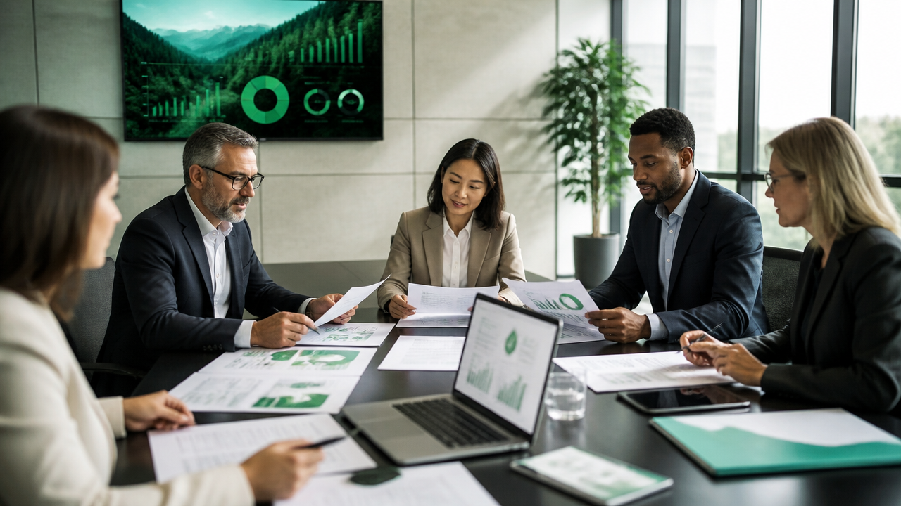 Executivos analisando relatórios de sustentabilidade e clima em uma sala de reunião moderna