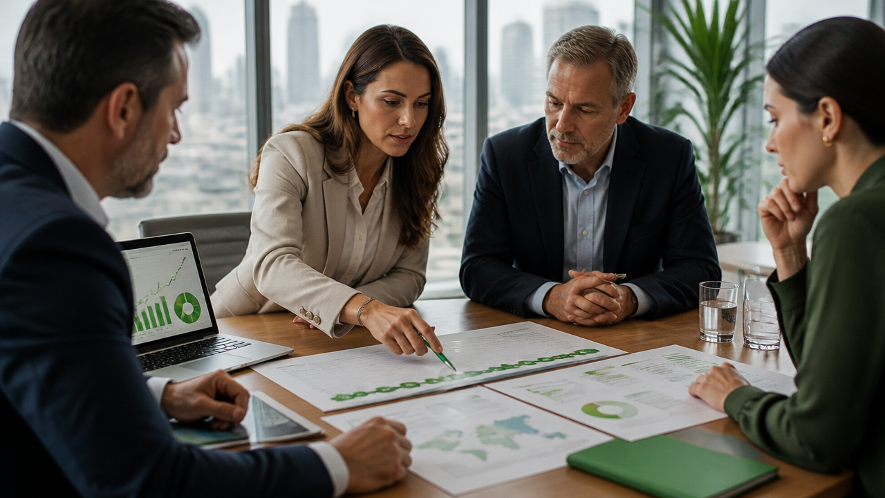 Executivos analisando requisitos regulatórios de sustentabilidade em reunião corporativa no Brasil