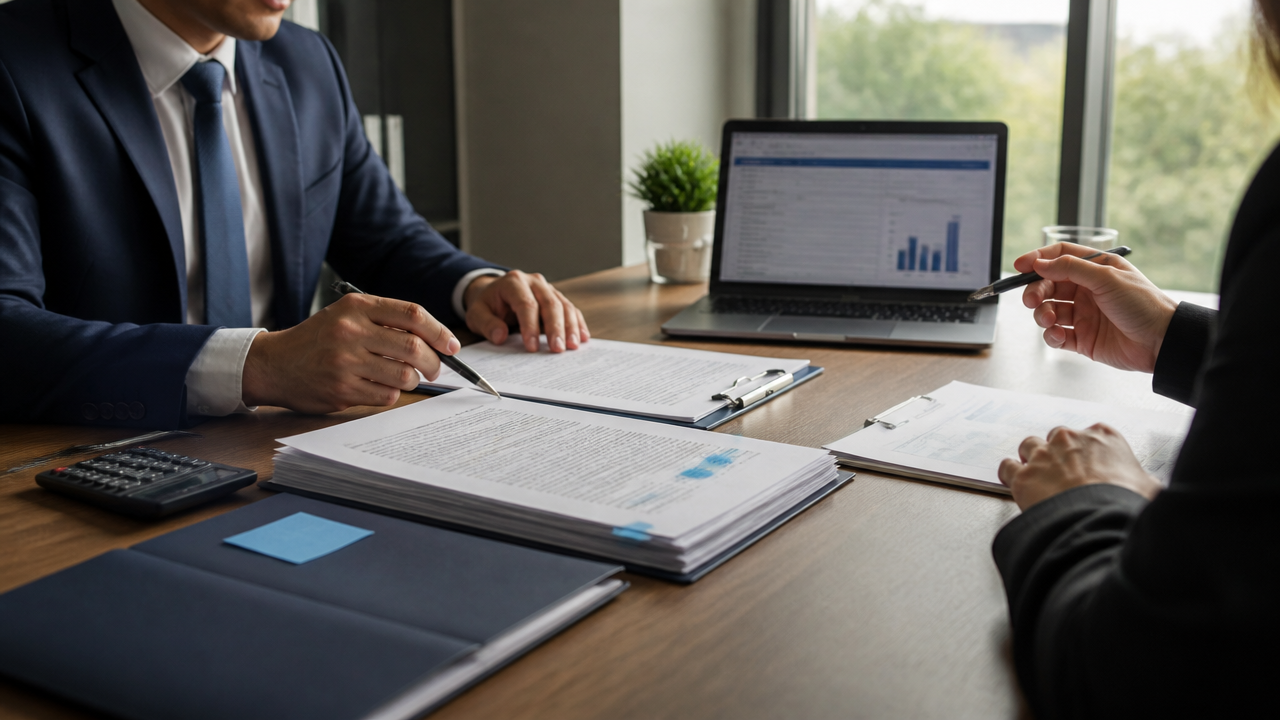 Executivos e advogado analisando contratos empresariais e impactos tributários em mesa de reunião.