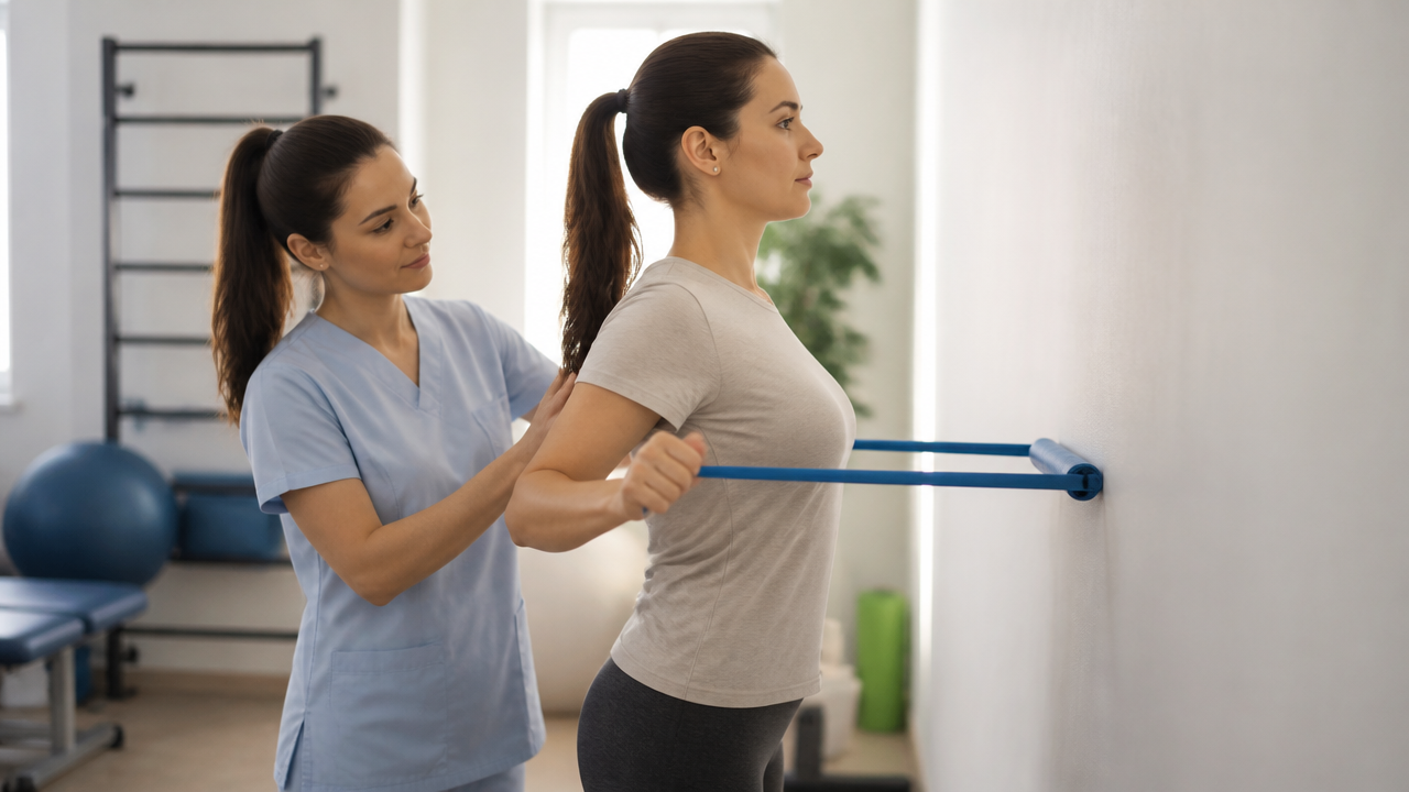 Exercício terapêutico para melhorar a postura torácica com orientação de fisioterapeuta.