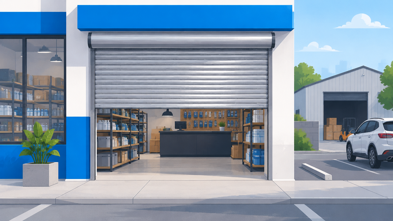 Fachada comercial com porta de aço de enrolar parcialmente aberta, representando a escolha para diferentes espaços