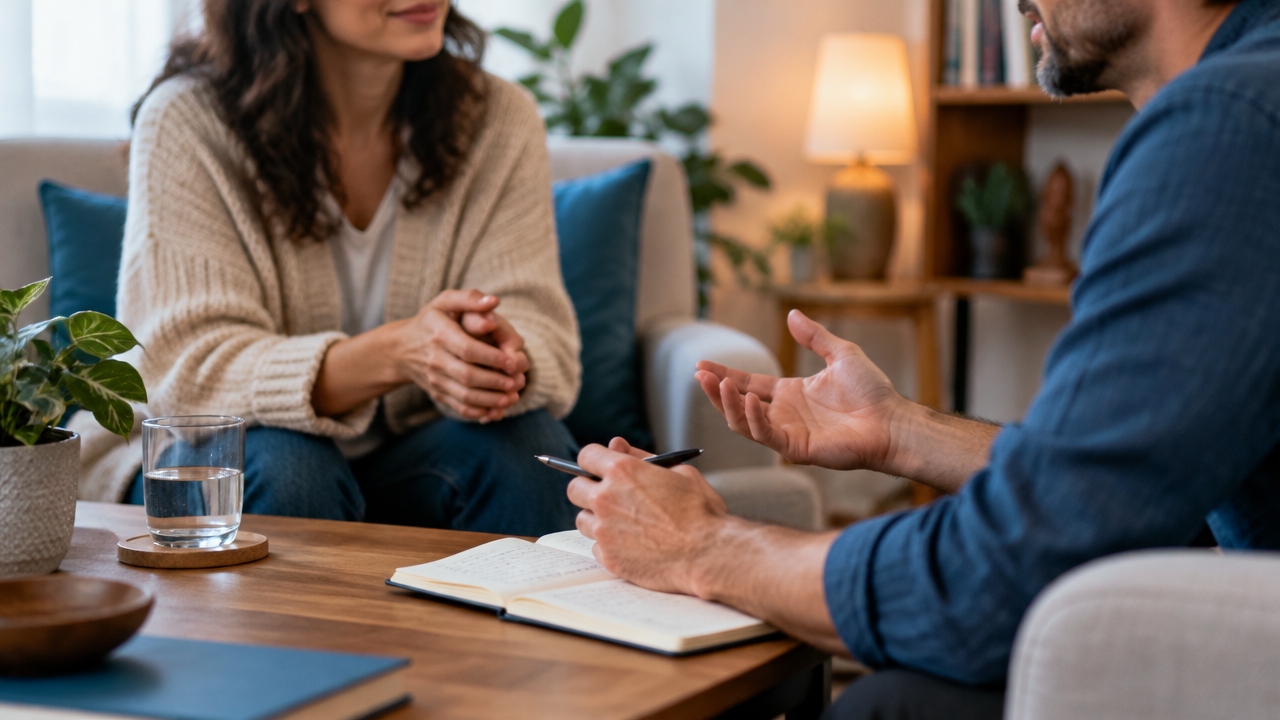 Facilitador e participante conversam com calma enquanto revisam anotações antes de um processo sistêmico