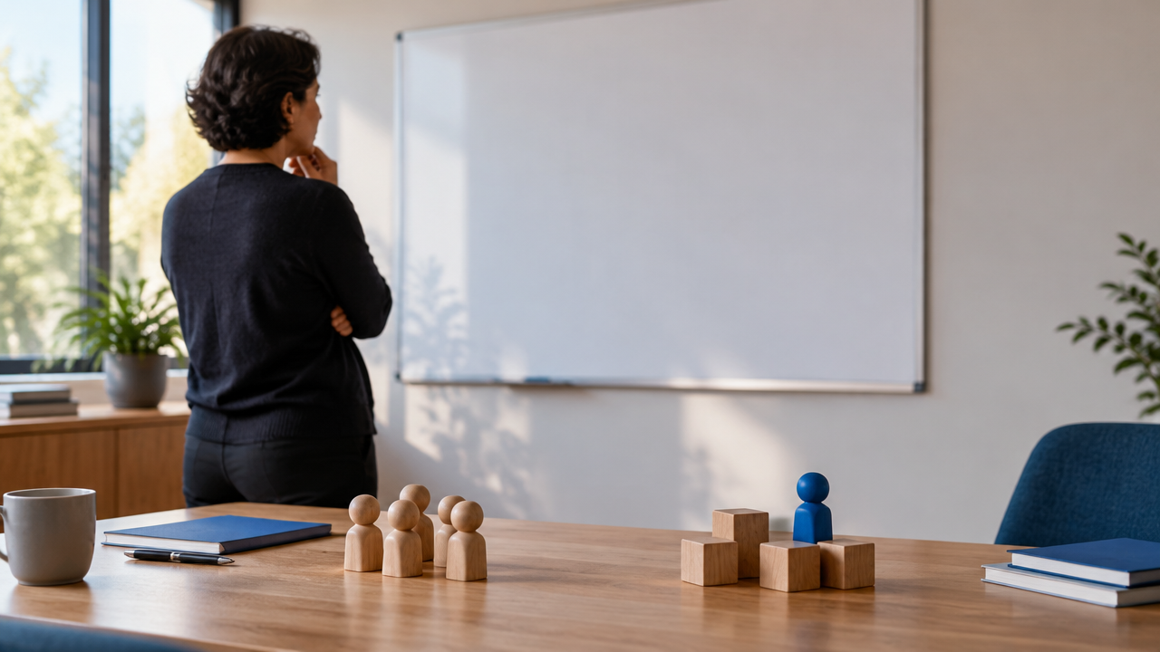 Facilitadora analisa objetos dispostos sobre uma mesa em um ambiente profissional, representando a escolha cuidadosa entre uma abordagem clínica e uma organizacional.