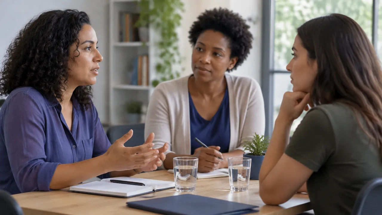 Facilitadora apoia uma conversa respeitosa entre duas pessoas durante um desacordo