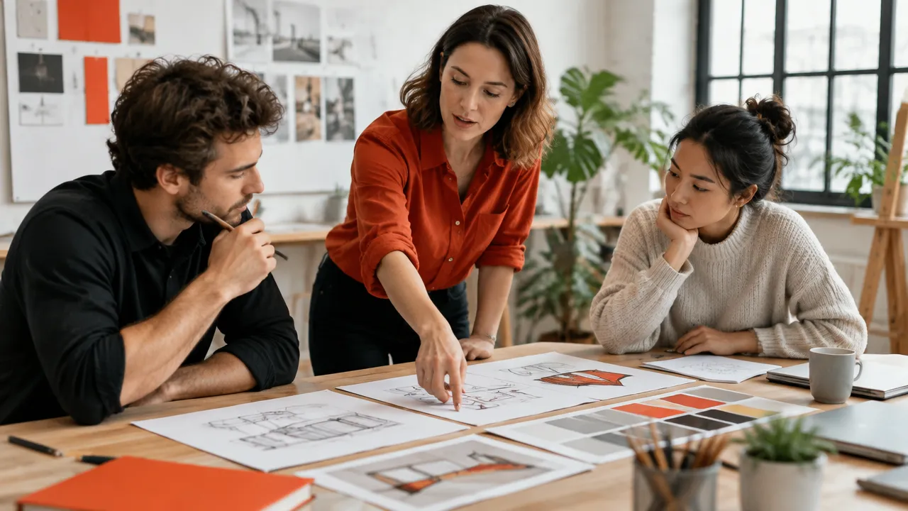 Facilitadora ayuda a un equipo a debatir propuestas creativas sin personalizar el desacuerdo