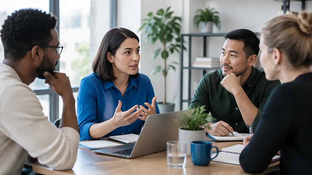 Facilitadora conduz conversa aberta enquanto colegas escutam e compartilham perspectivas numa reunião.