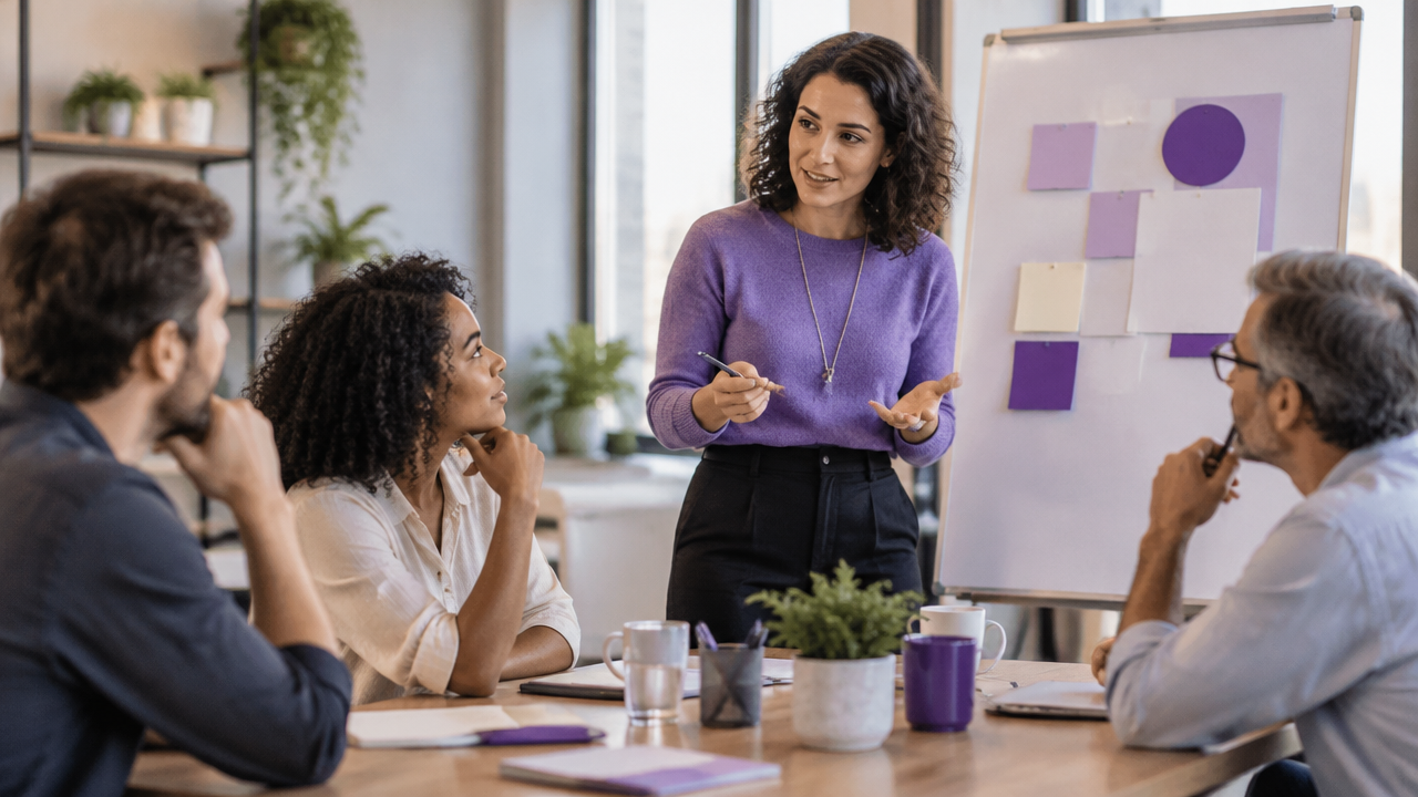 Facilitadora conduz conversa de equipe para identificar fatores do ambiente de trabalho
