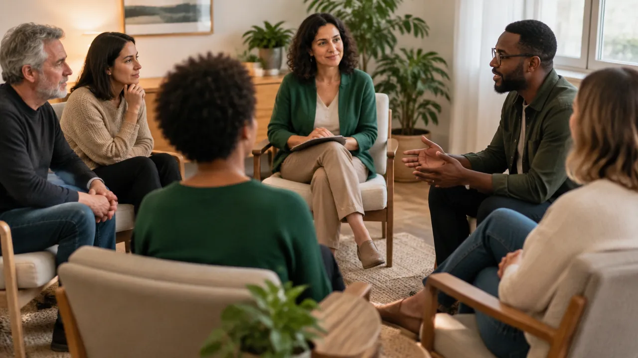 Facilitadora conduz conversa reflexiva entre participantes de um grupo terapêutico