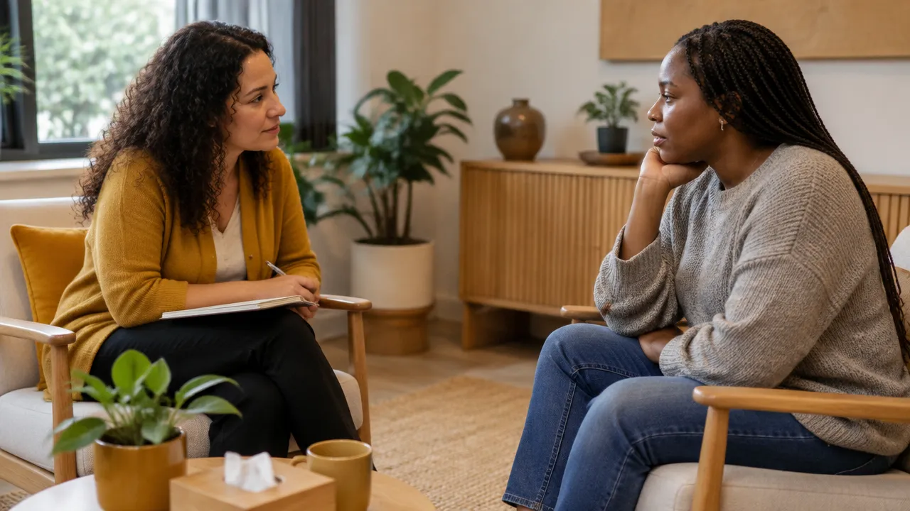 Facilitadora conversa com participante em ambiente reservado para confirmar segurança e consentimento