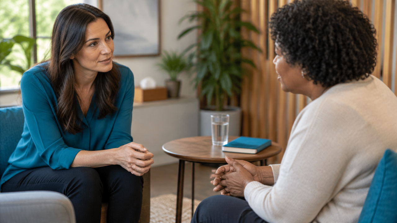 Facilitadora conversa individualmente com participante para preparar um encontro restaurativo com segurança