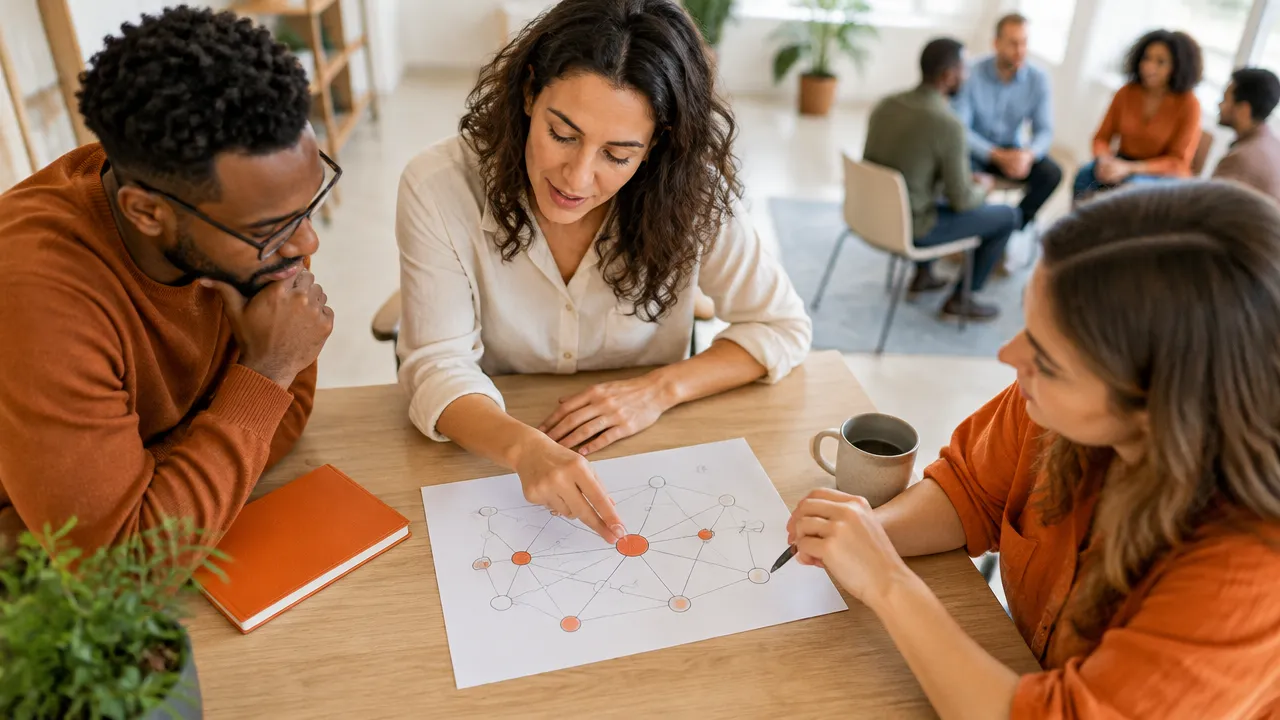 Facilitadora e participantes analisam juntos um mapa simples de conexões, sem identificar ou rotular pessoas.