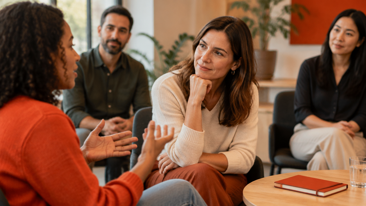 Facilitadora escucha con atención a una empleada durante una conversación en grupo pequeño