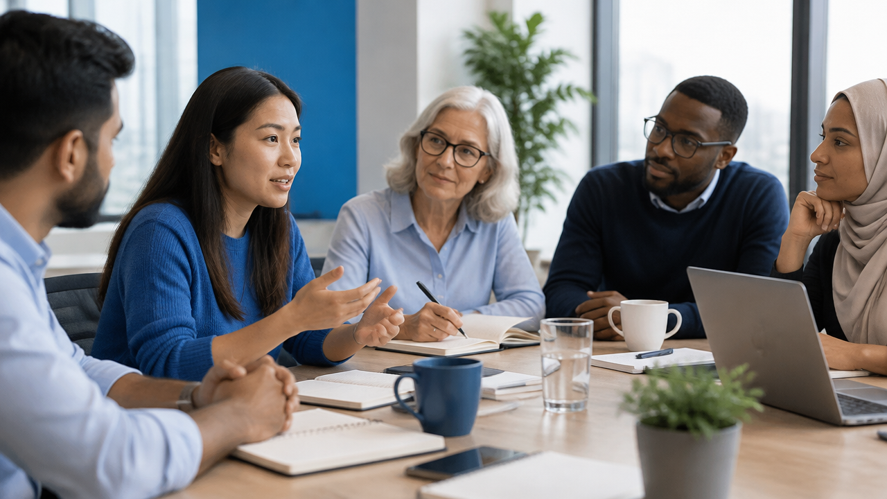 Facilitadora escucha una aportación durante una reunión inclusiva de equipo