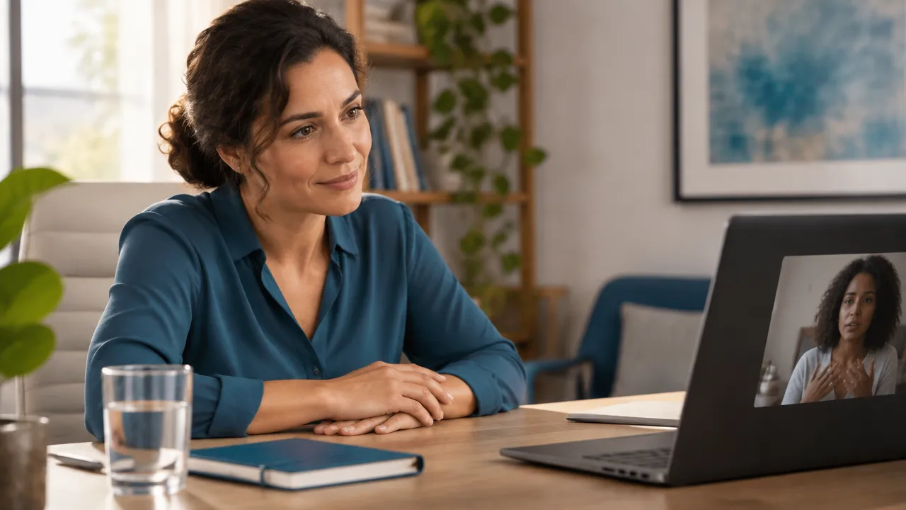 Facilitadora escuta com atenção durante uma conversa de mediação por vídeo