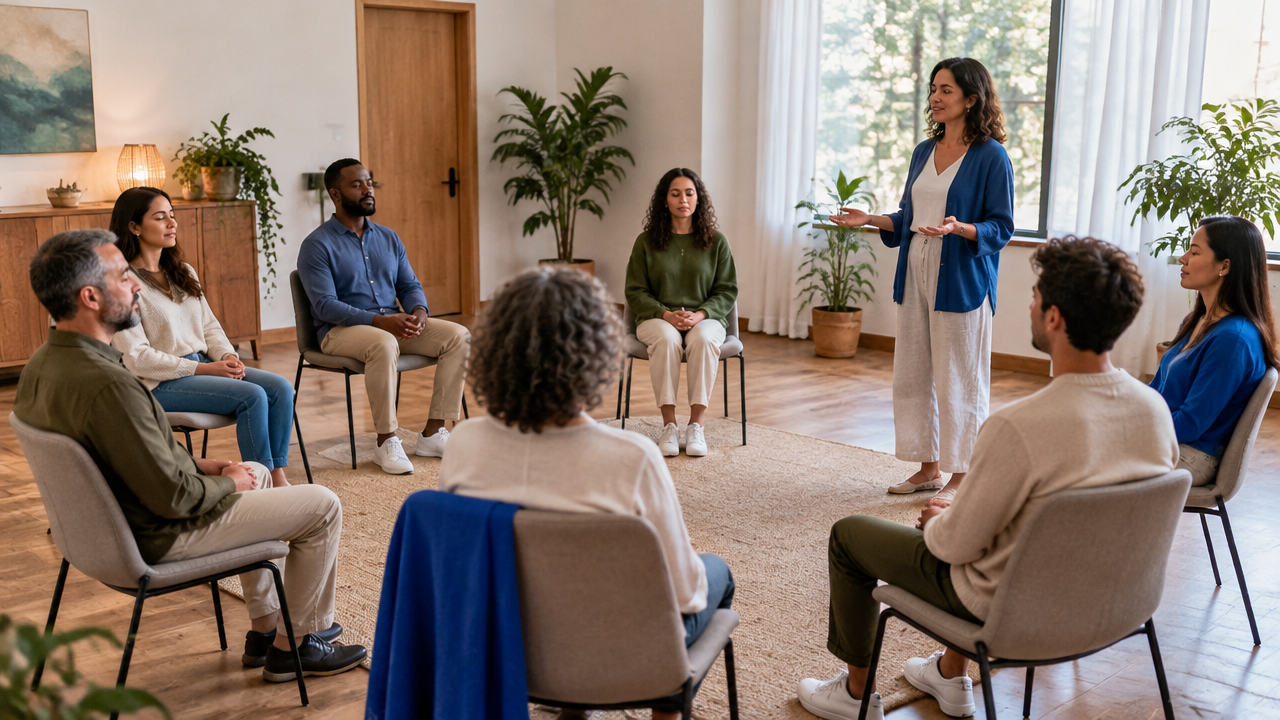 Facilitadora guía una práctica breve de meditación a un grupo sentado en círculo con espacio personal