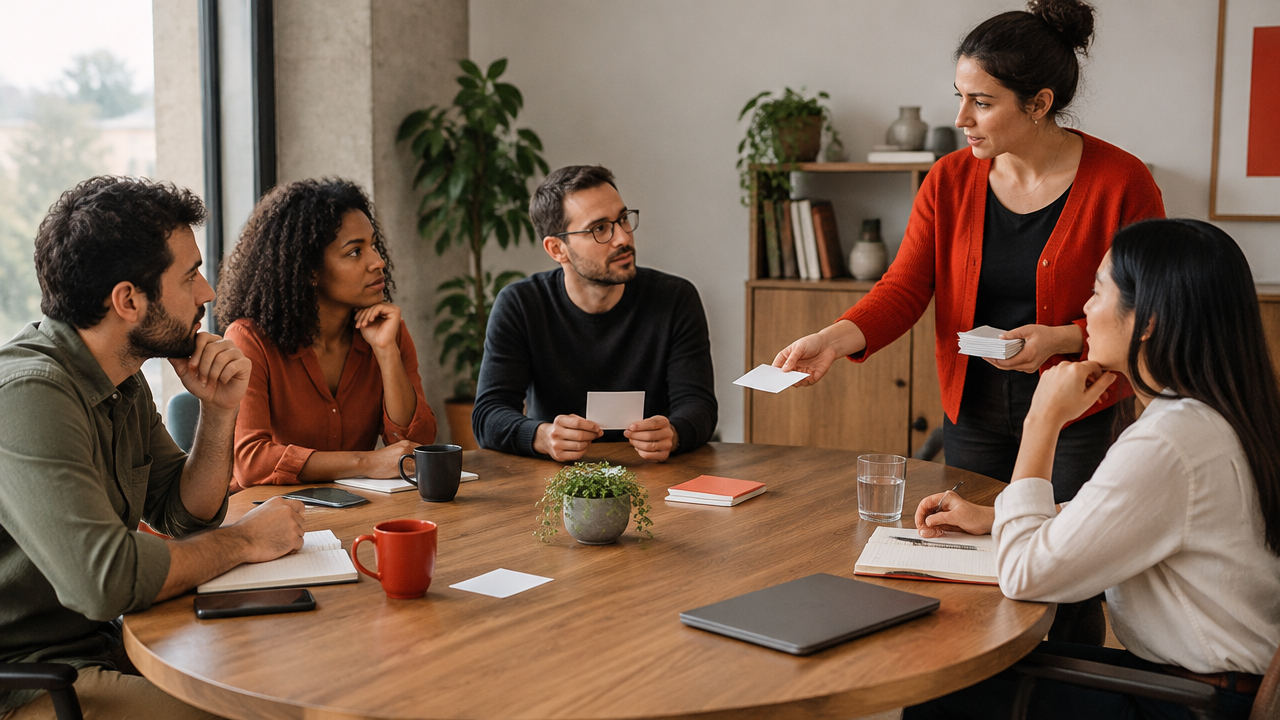Facilitadora organiza a participação equilibrada de uma equipe durante uma decisão consensual.