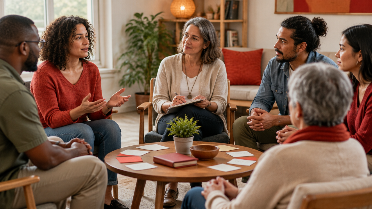 Facilitadora orienta um grupo em uma conversa organizada de escuta e construção de acordos