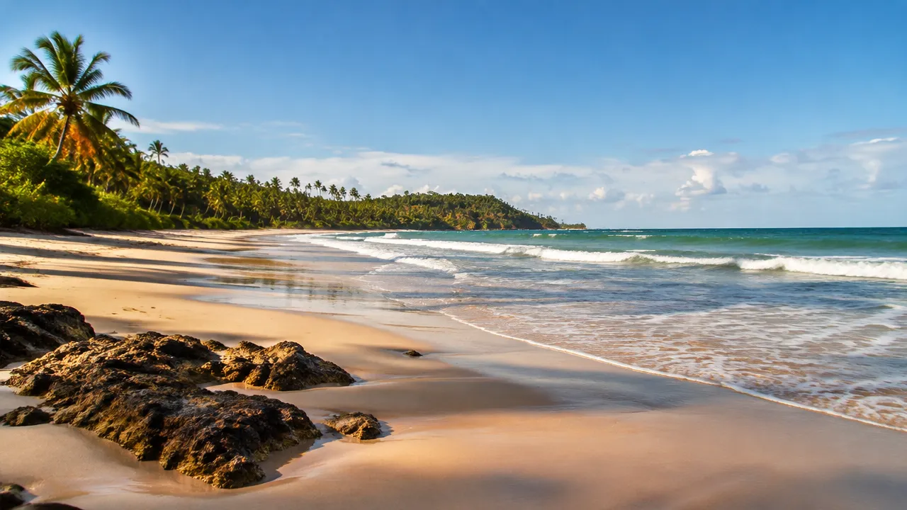 Faixa de areia e mar azul-esverdeado em uma praia tranquila de Serra Grande, na Bahia