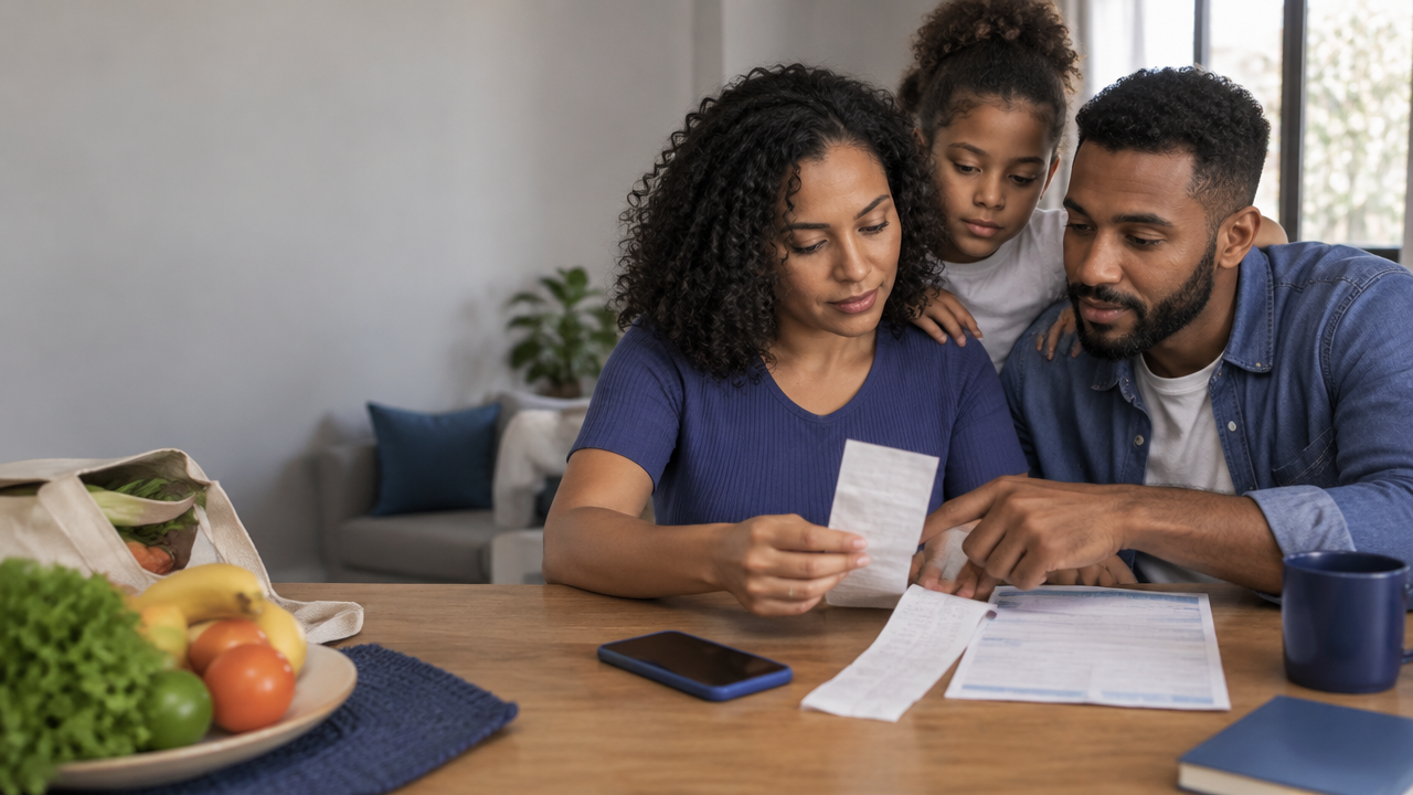 Família analisa compras, conta de luz e comprovante fiscal em casa, representando a devolução de tributos a consumidores elegíveis.