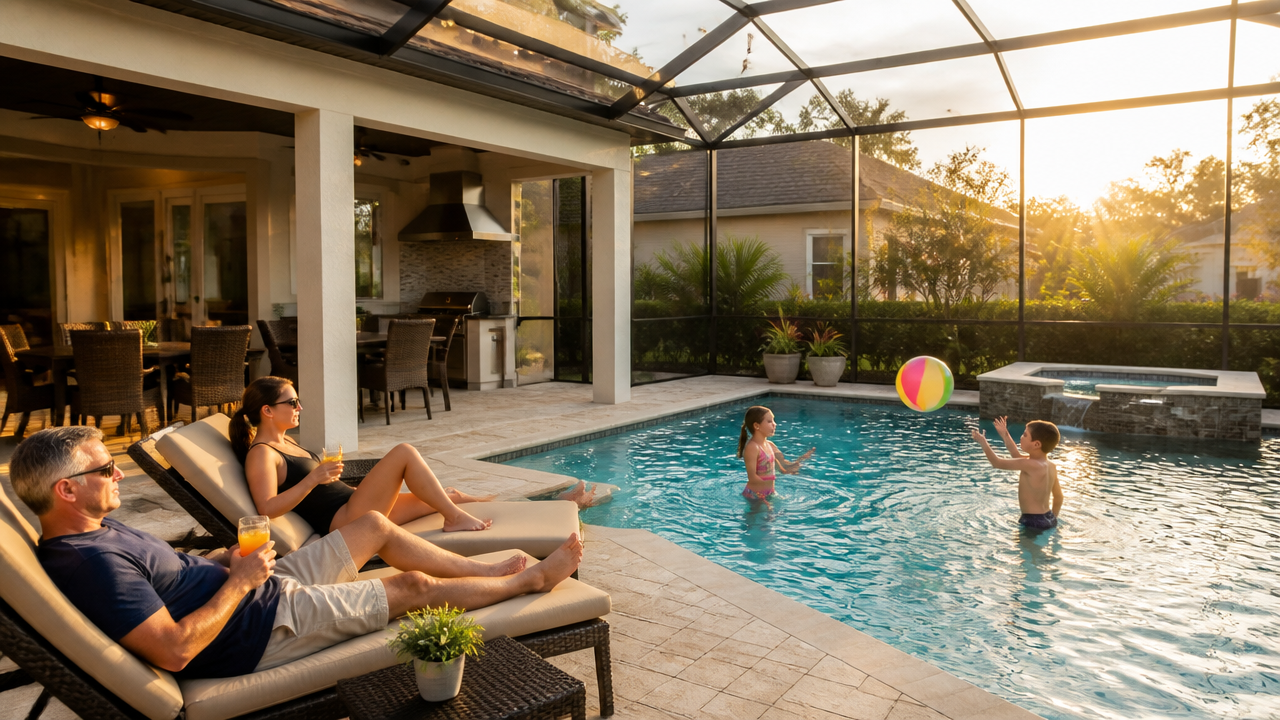 Família aproveitando o dia de descanso na piscina de uma casa de temporada em Orlando