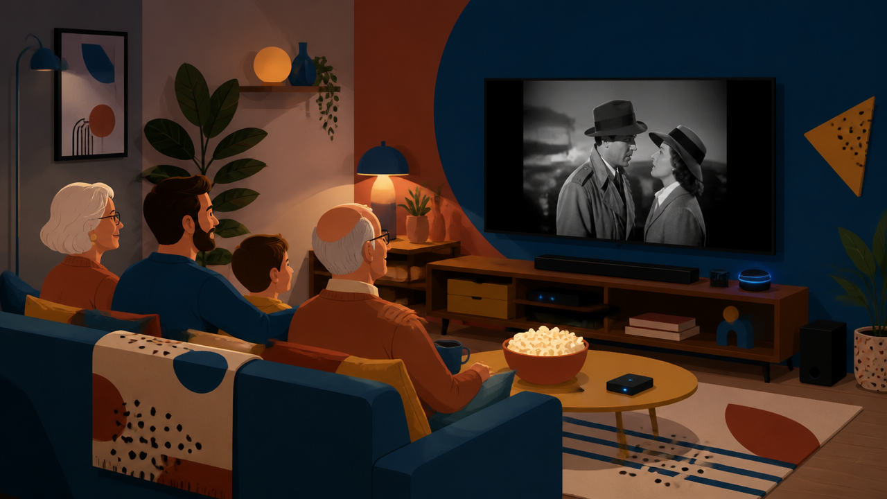 Família assistindo a um clássico restaurado em streaming com imagem rica em contraste e cores equilibradas
