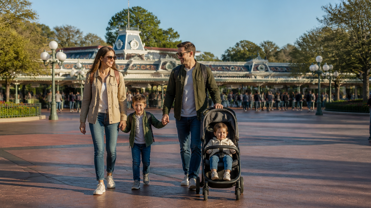 Família com crianças chegando cedo a um parque temático em Orlando