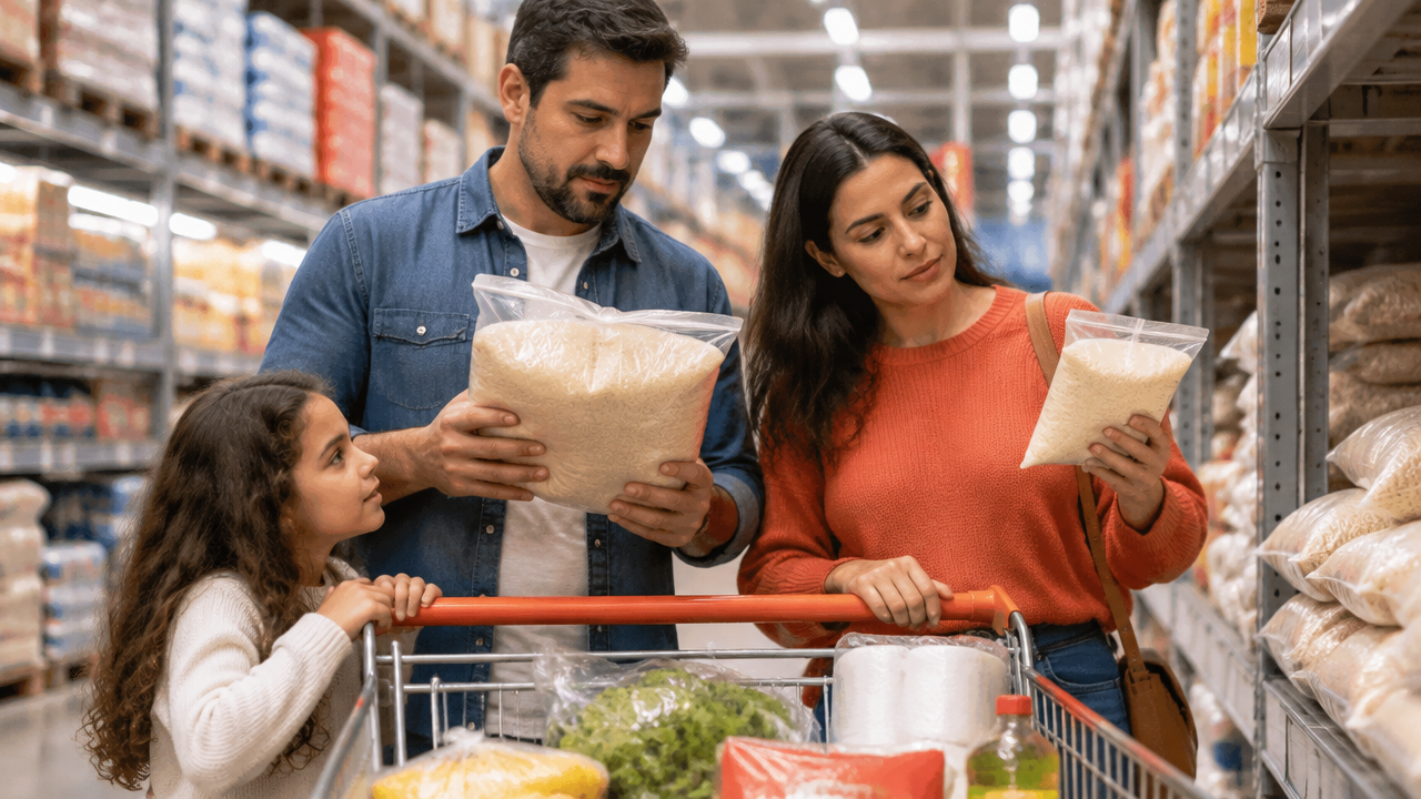 Família compara embalagens e quantidades durante compras em um atacarejo
