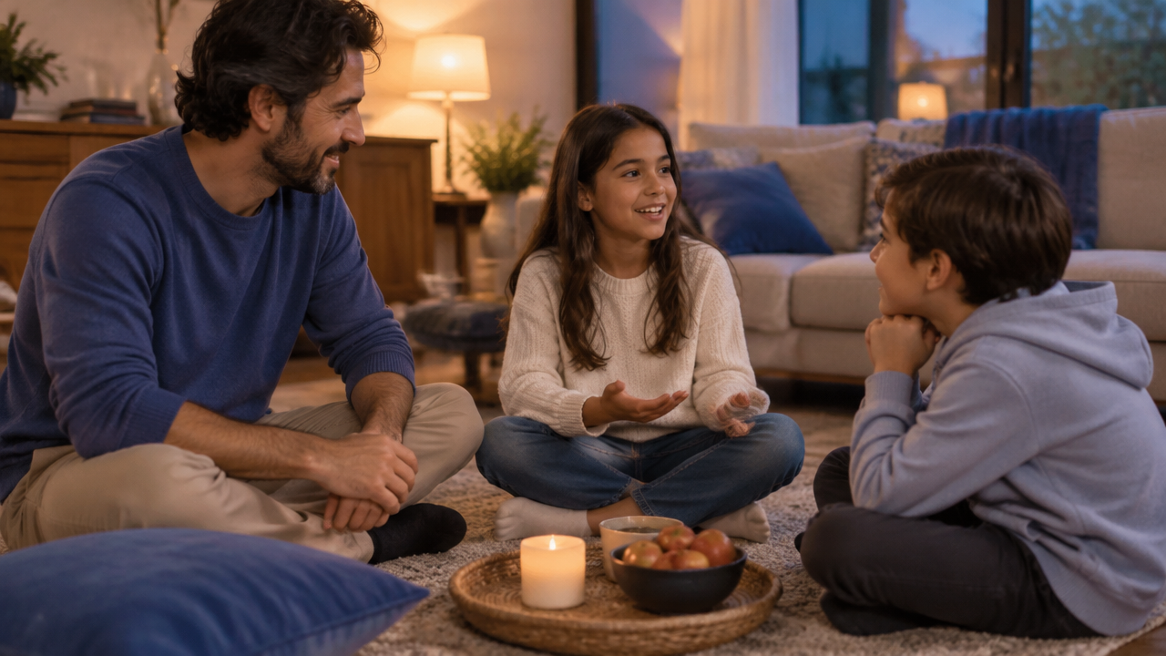 Familia comparte un ritual sencillo de gratitud y escucha en la sala de su hogar