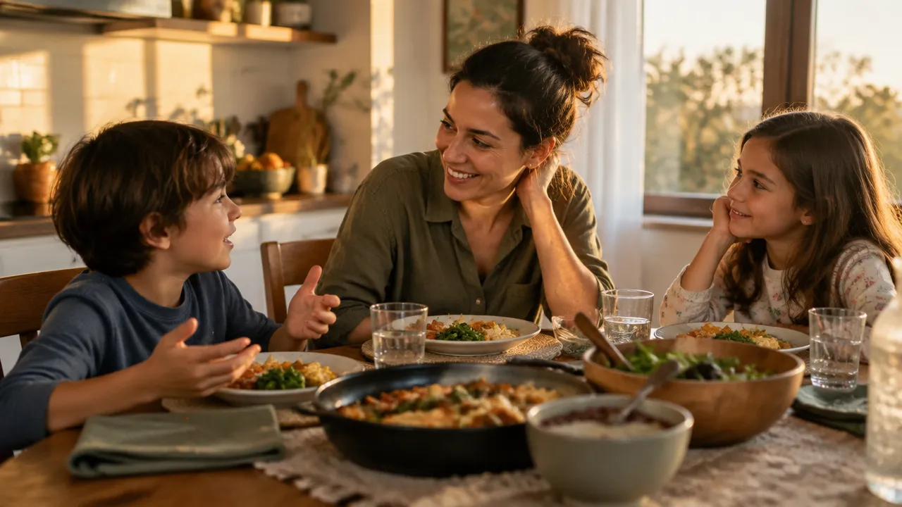 Família compartilha uma refeição com atenção e alegria tranquila à mesa