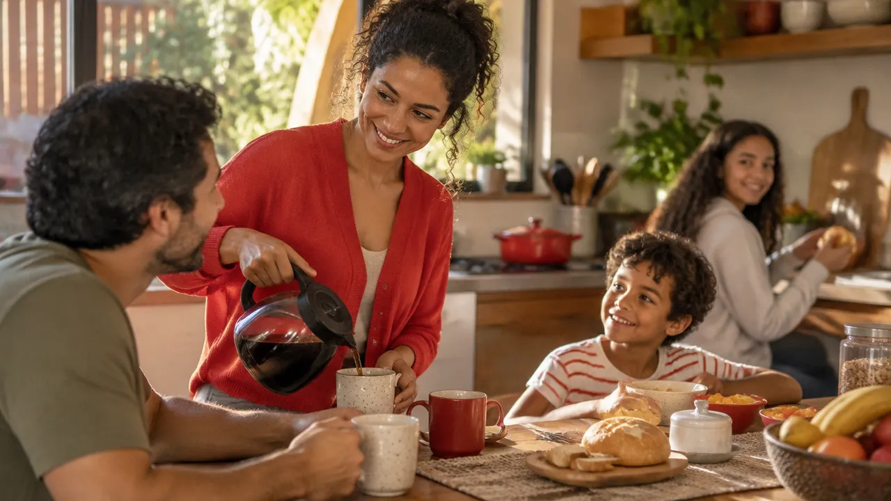 Família compartilha uma rotina matinal à mesa, mostrando como hábitos cotidianos se formam em relação com outras pessoas.