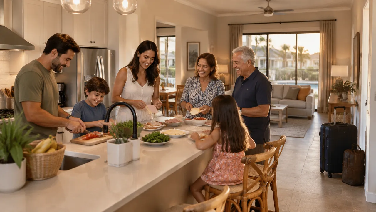 Família compartilhando um lanche na cozinha de uma casa de temporada em Orlando