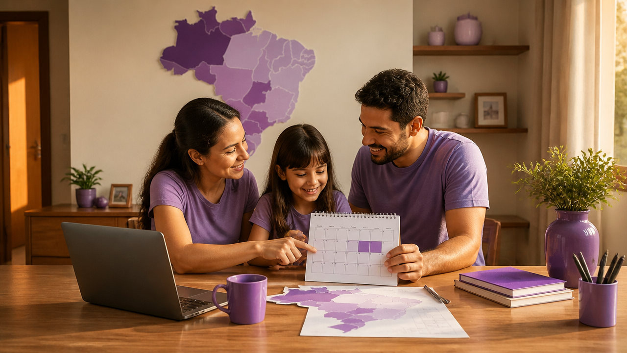 Família consultando um calendário para planejar um feriado prolongado no Brasil.