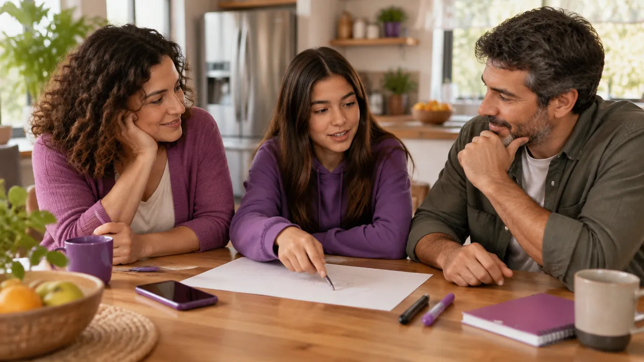 Família conversa e registra em conjunto um acordo sobre o uso do celular pelo adolescente.