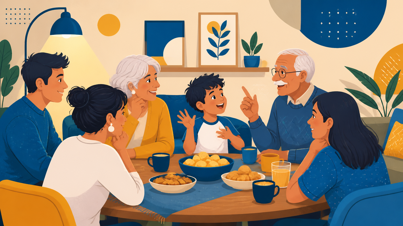 Família conversando após assistir animações clássicas junta