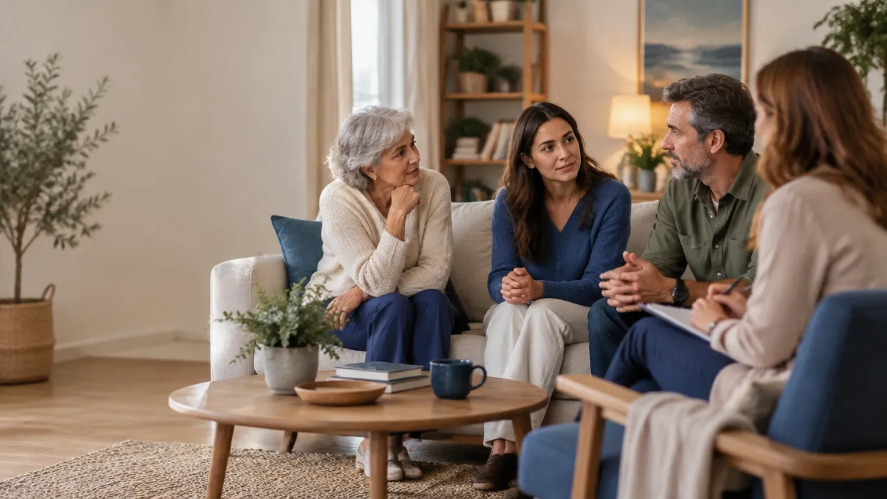 Familia conversando con una terapeuta en un espacio tranquilo para fortalecer sus vínculos
