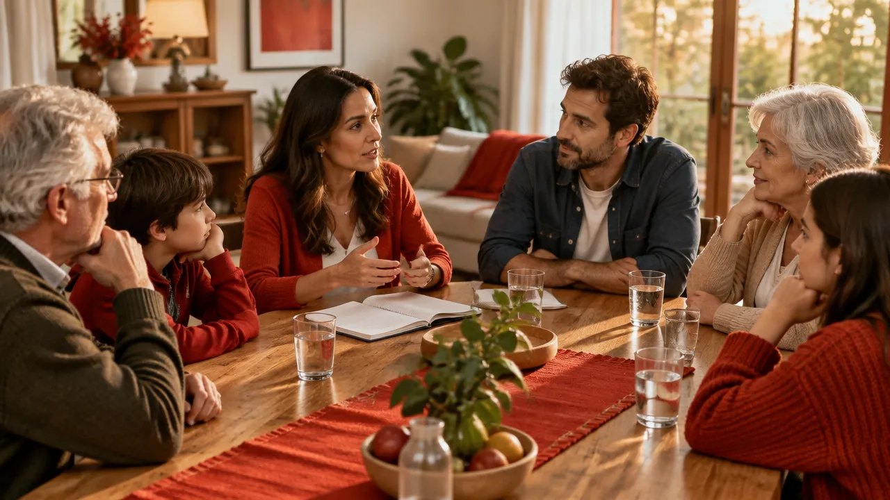 Família de diferentes gerações conversa com atenção ao redor de uma mesa em uma reunião consciente