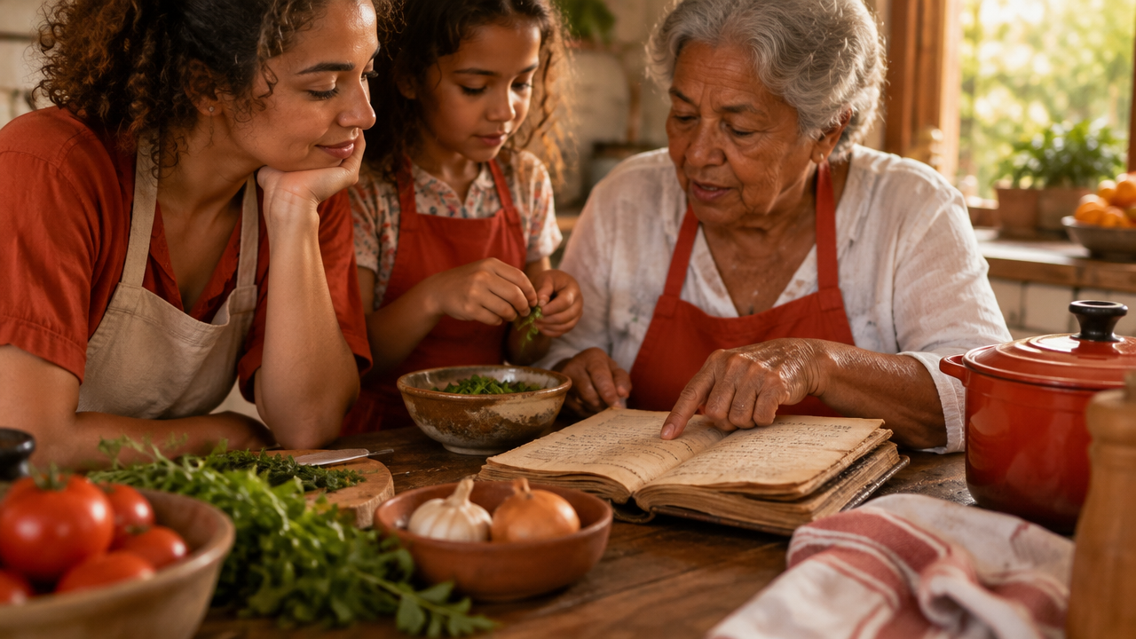 Família de diferentes gerações preparando uma refeição e compartilhando memórias ao redor da mesa