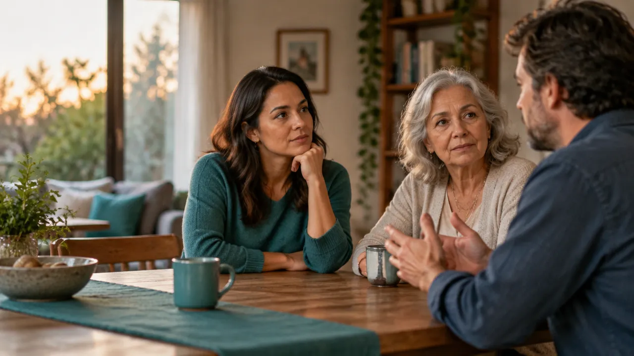 Familia de distintas generaciones escuchándose durante una conversación difícil en casa
