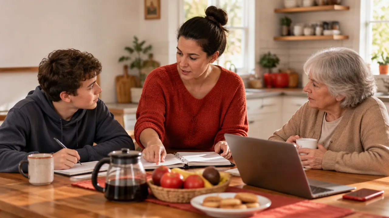 Família de três gerações conversa à mesa enquanto reorganiza responsabilidades e decisões do cotidiano