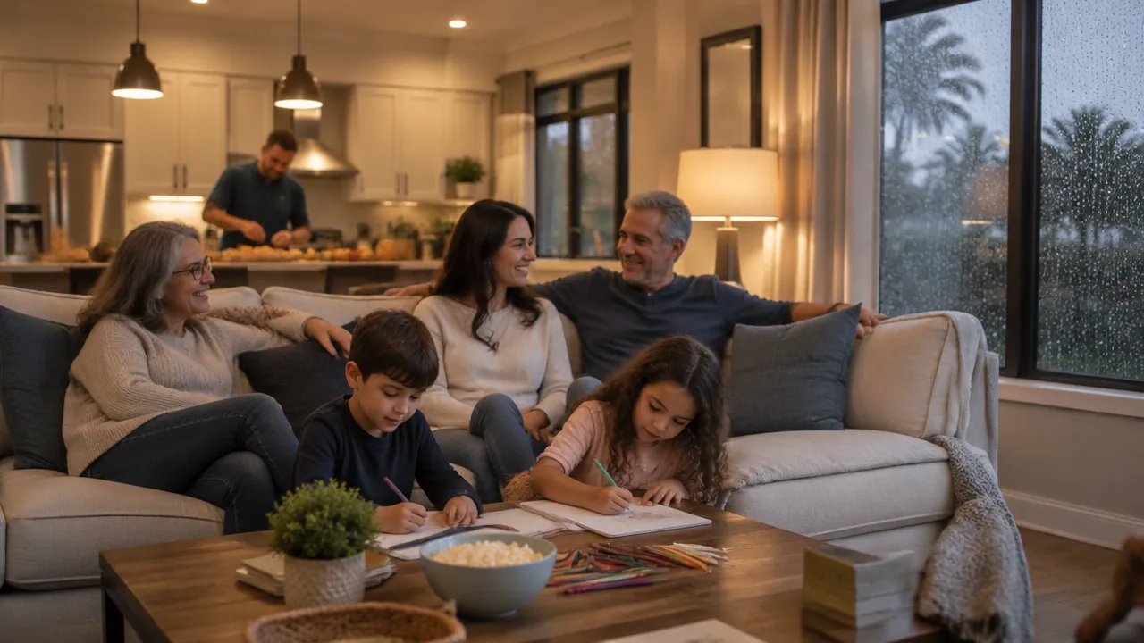 Família descansa, desenha e prepara uma refeição dentro de uma casa de temporada enquanto chove.