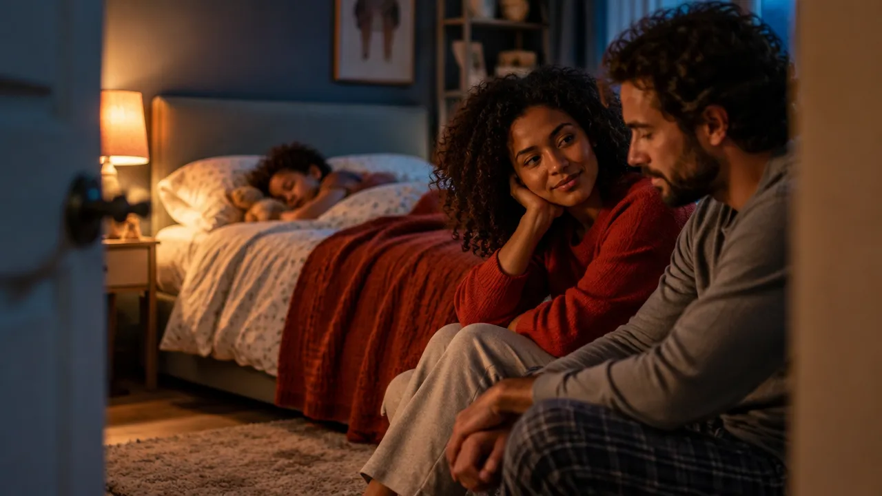 Família em casa à noite, com uma criança dormindo e os pais em um momento de reflexão tranquila