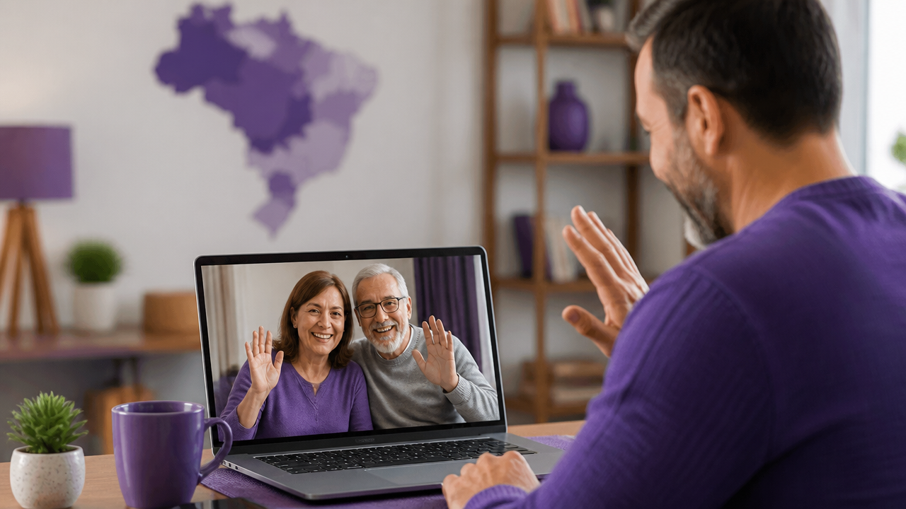 Família em cidades diferentes conectada por videochamada, representando cobertura nacional.
