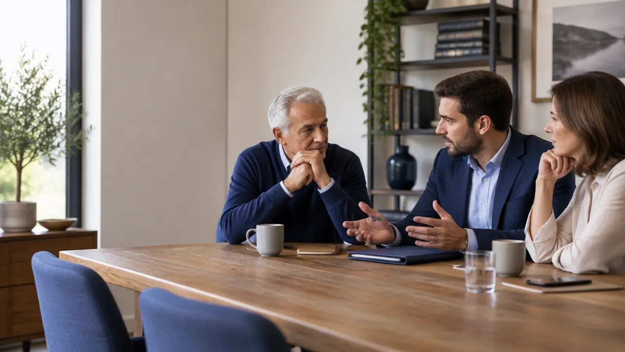 Familia empresaria de distintas generaciones conversando con cautela sobre un cambio en una sala de reuniones