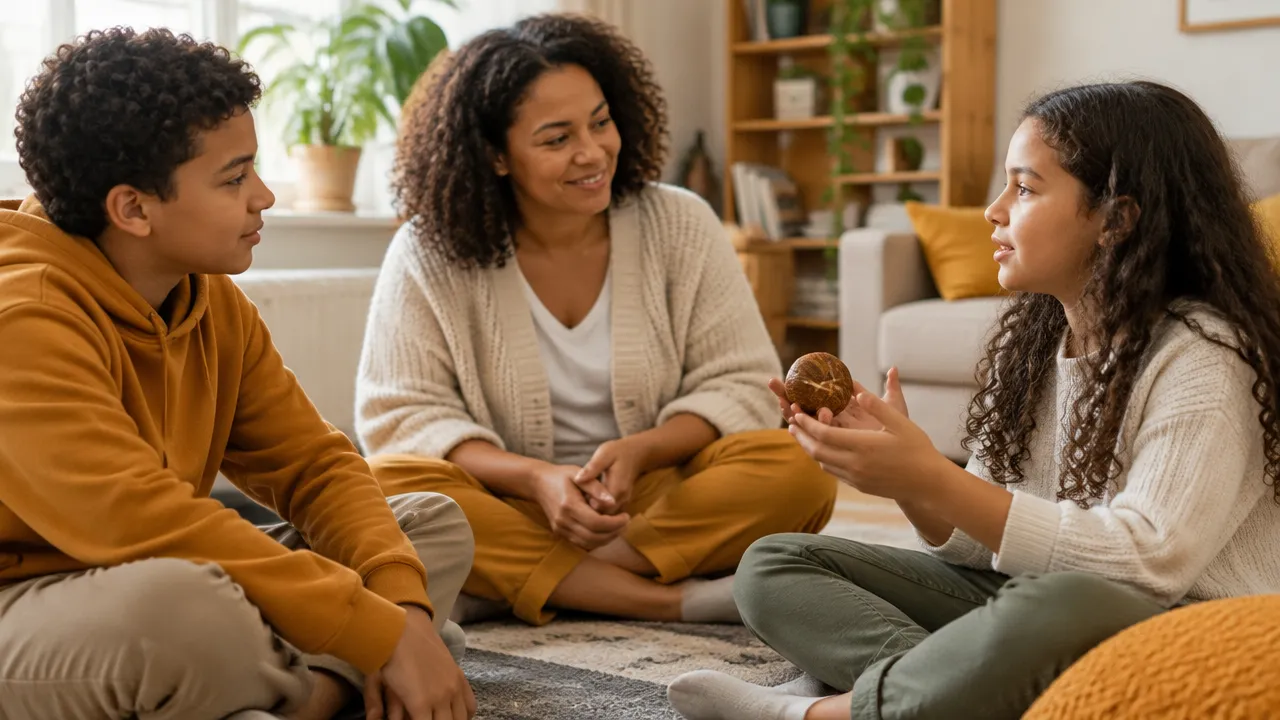 Familia reunida en círculo para conversar, escuchar por turnos y compartir responsabilidades.